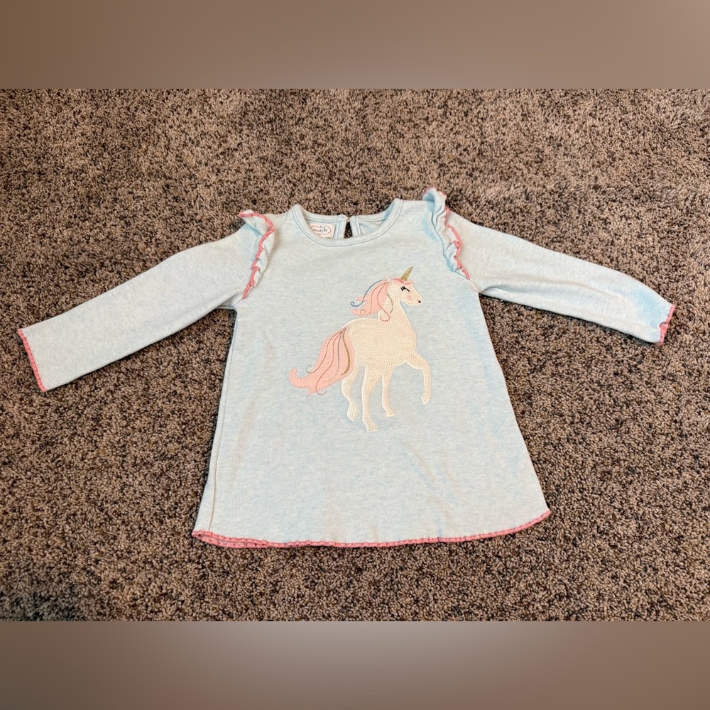 Mud Pie Toddler Girls Unicorn Light Blue Long Sleeve Shirt - Size 12/18 Months